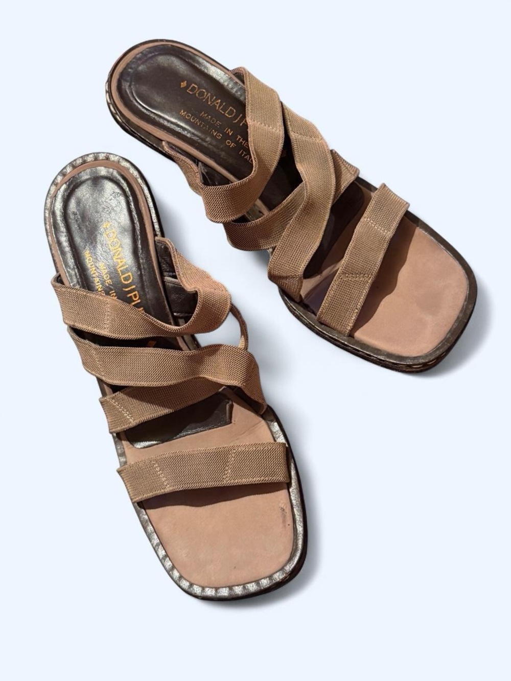 Donald J. Pliner Tan Brown elastic Multi-Strap Sandals heels size 7 M